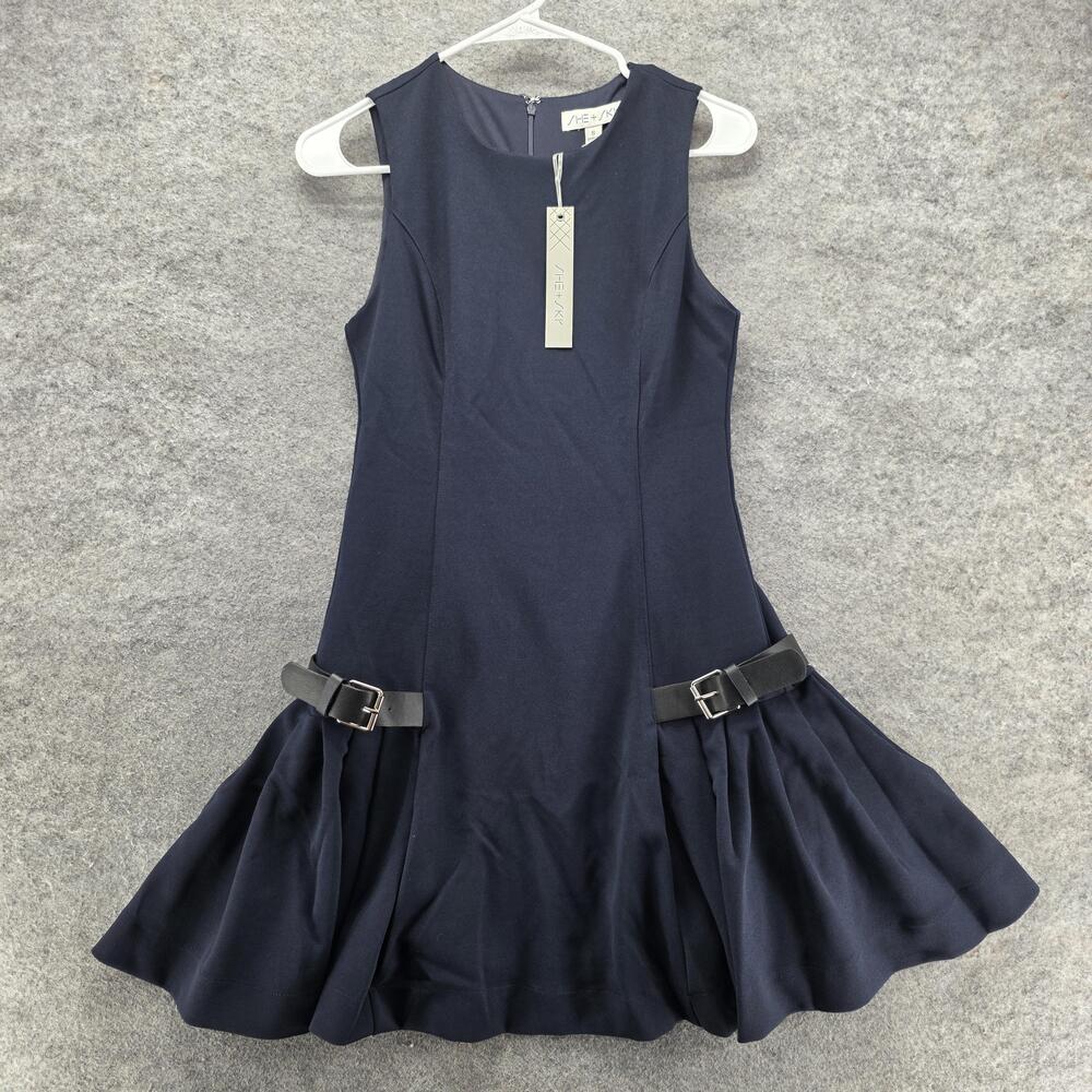 She + Sky Dress Womens Small Navy Sleeveless Buckle Hem Fit Flare Skater SY8463